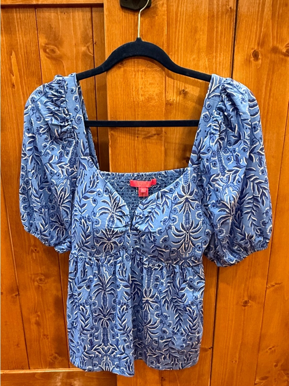 Lilly Pulitzer Blue Floral Puff-Sleeve Smocked Top